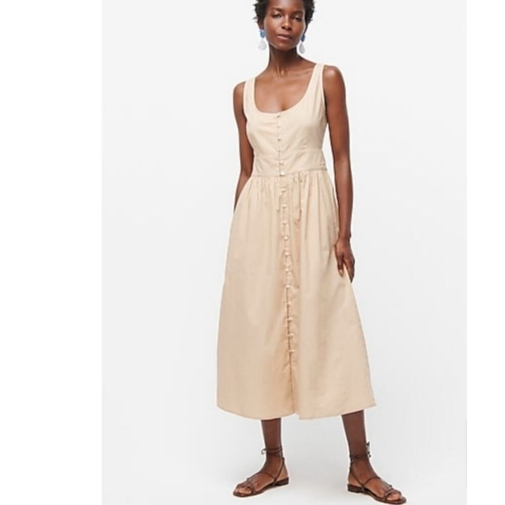 J. Crew Button Front A Line Cotton Poplin Sleeveless Dress Beige Tan AY626 Sz 2
